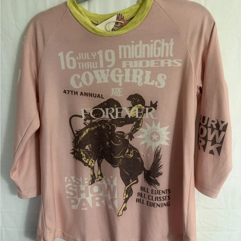 Pink graphic t-shirt with a vintage-style rodeo print. - Picture 3 of 3